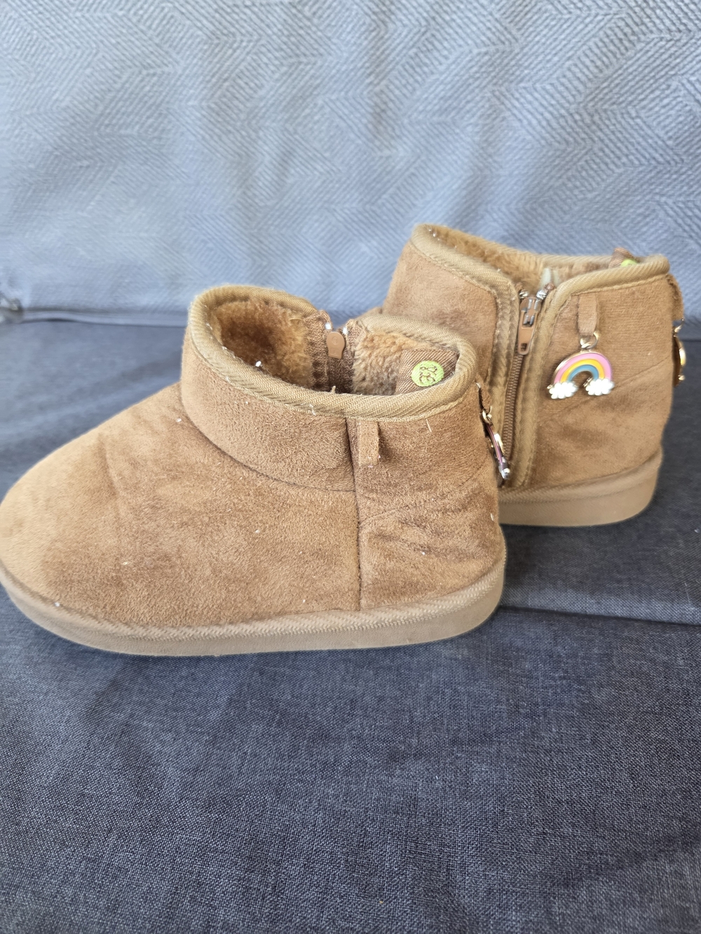 Alpine Tan Suede Kids Zip Ankle Boots with Rainbow Charm